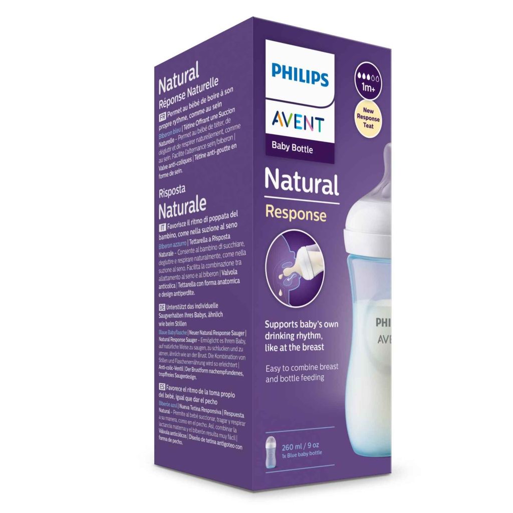 Philips Avent Бутылочка с силиконовой соской Natural Response 1m+ голубая, арт. SCY903/21, бутылочка для кормления, средний поток, 260 мл, 1 шт.