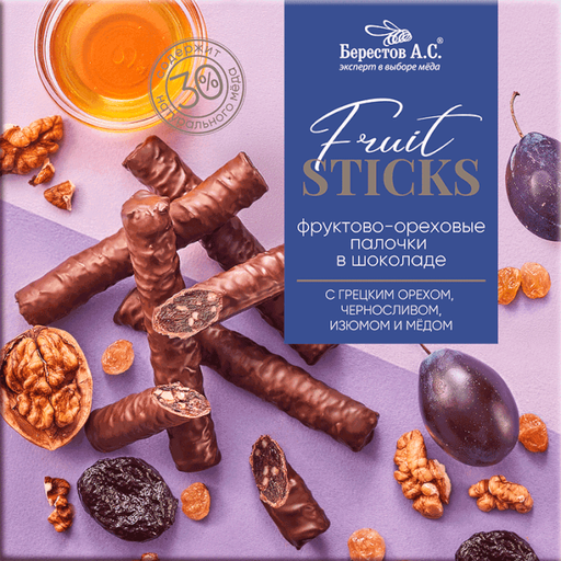 Fruit Stiсks Фруктово-ореховые палочки в шоколаде, конфеты, с грецким орехом, черносливом, изюмом и медом, 175 г, 1 шт.