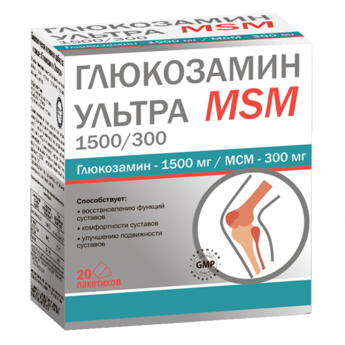 Глюкозамин Ультра MSM, 1500мг/300мг, порошок для приготовления раствора для приема внутрь, 2.5 г, 20 шт.