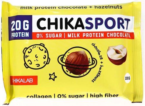 Chikalab chikasport шоколад молочный протеиновый без сахара, шоколад, фундук, 100 г, 1 шт.